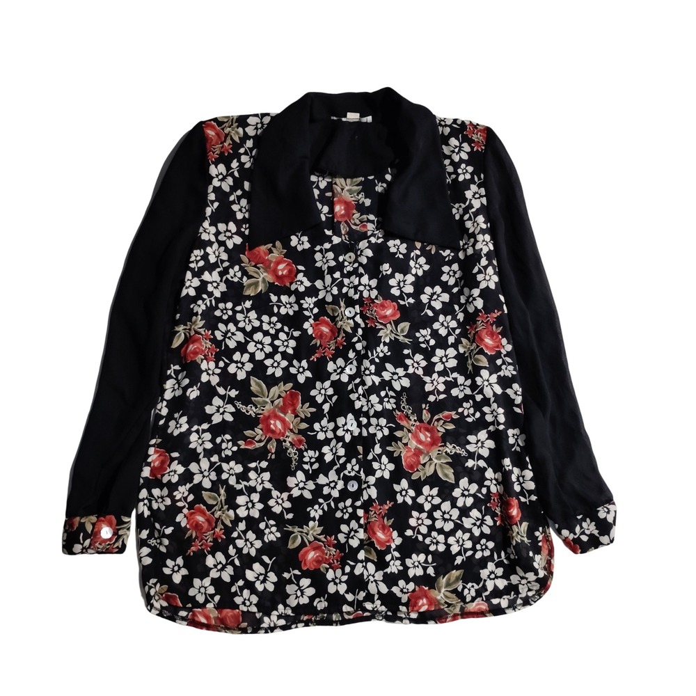 90's Diversity Vintage Floral Button Up Blouse‎ Black Red Rose Sheer Long Slv XL